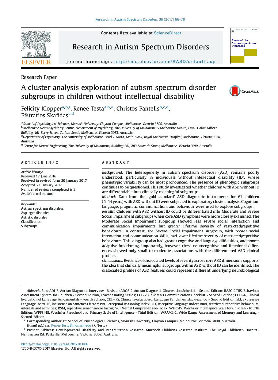 A cluster analysis exploration of autism spectrum disorder subgroups in children without intellectual disability