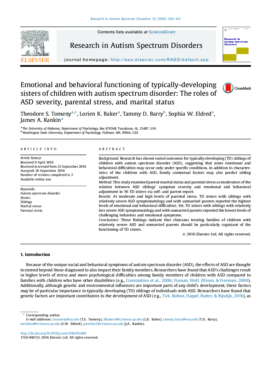 Emotional and behavioral functioning of typically-developing sisters of children with autism spectrum disorder: The roles of ASD severity, parental stress, and marital status