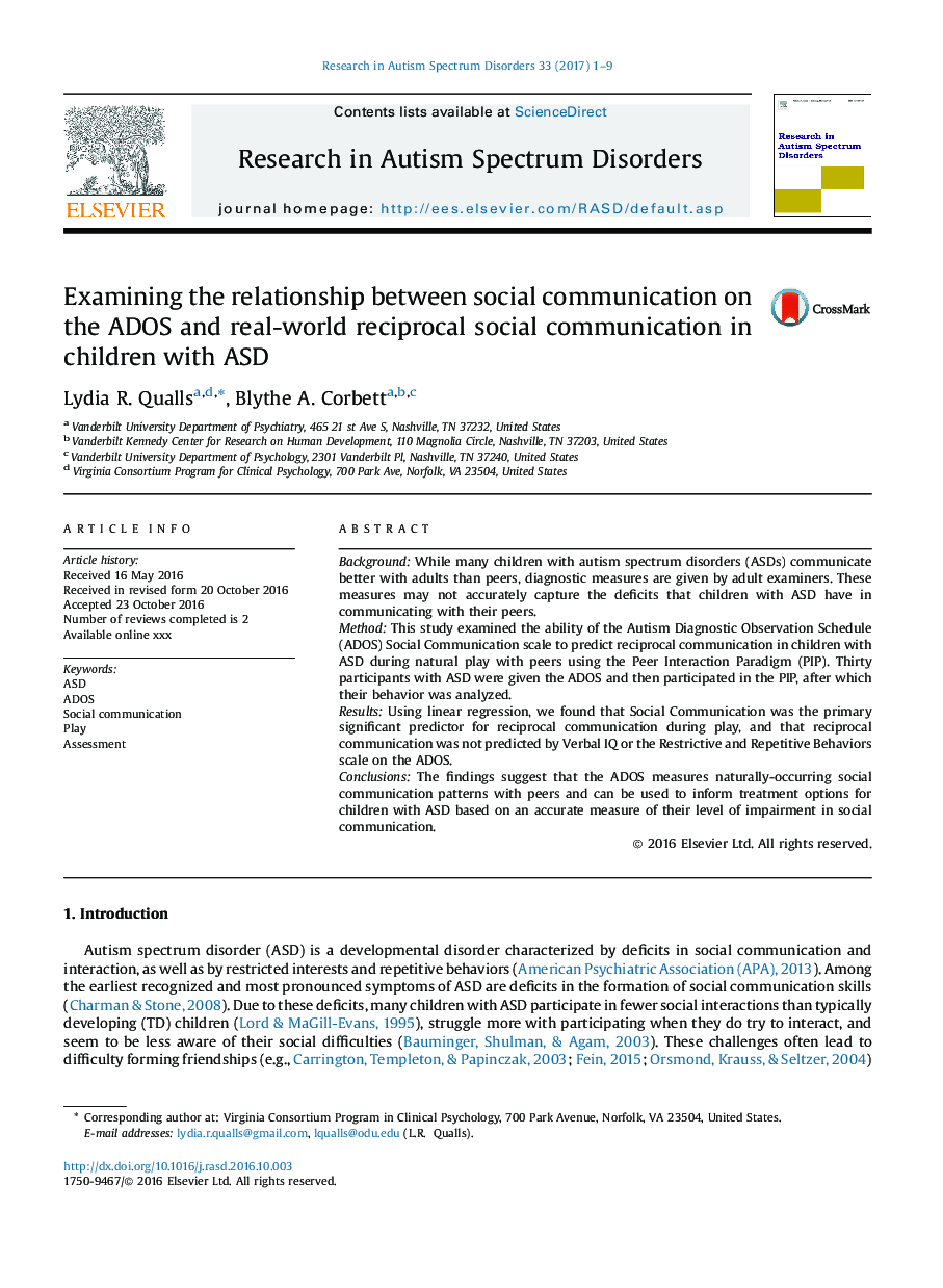 Examining the relationship between social communication on the ADOS and real-world reciprocal social communication in children with ASD
