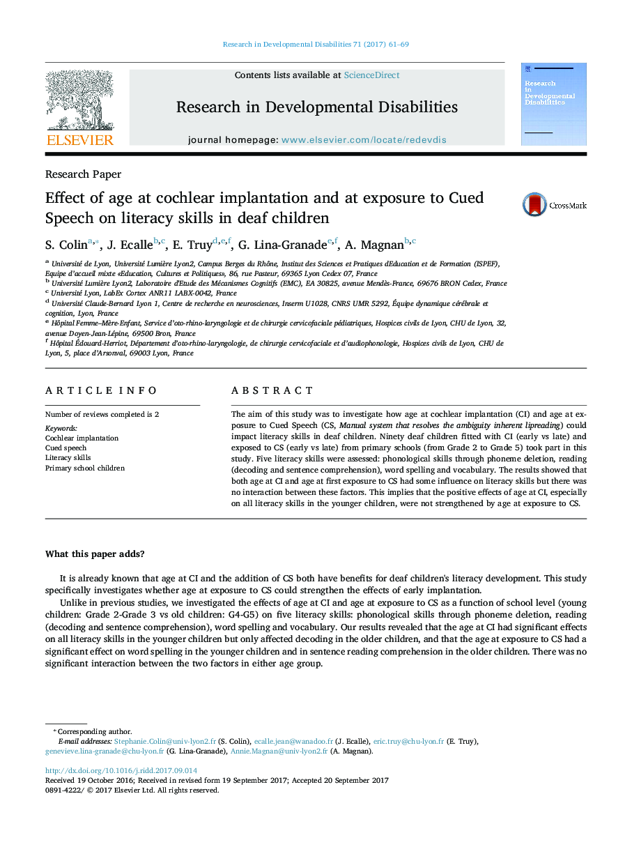 Effect of age at cochlear implantation and at exposure to Cued Speech on literacy skills in deaf children