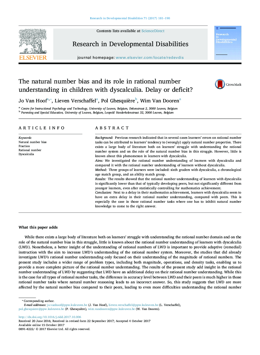 The natural number bias and its role in rational number understanding in children with dyscalculia. Delay or deficit?