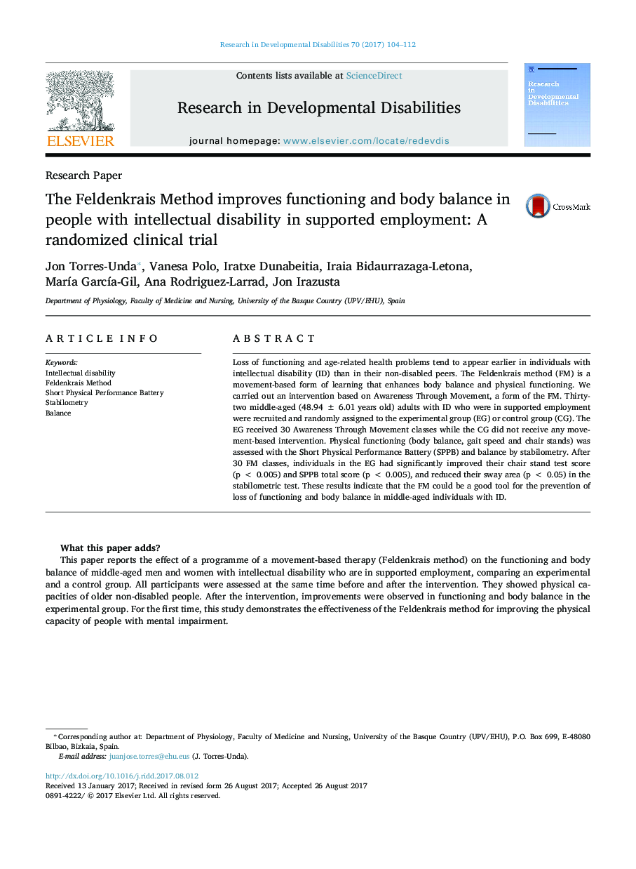 The Feldenkrais Method improves functioning and body balance in people with intellectual disability in supported employment: A randomized clinical trial