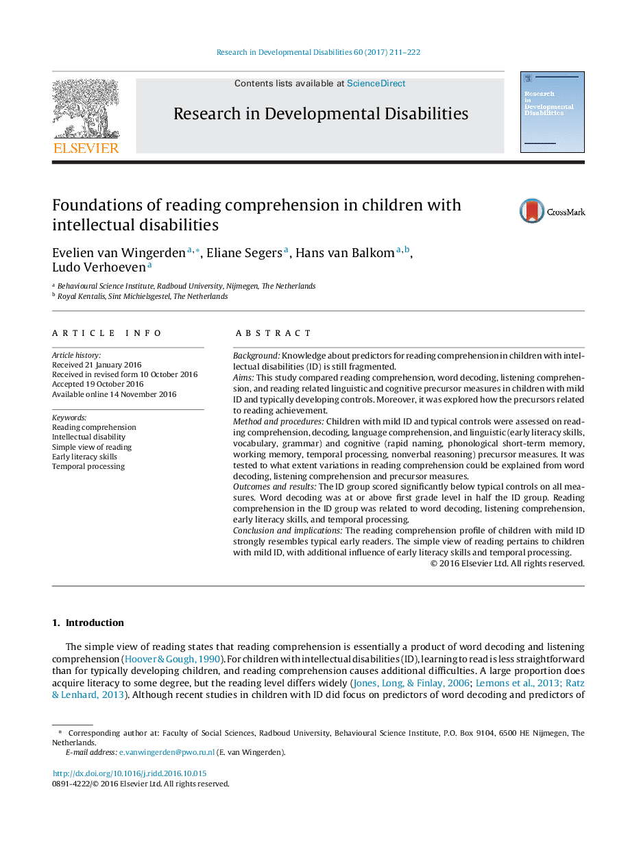 Foundations of reading comprehension in children with intellectual disabilities