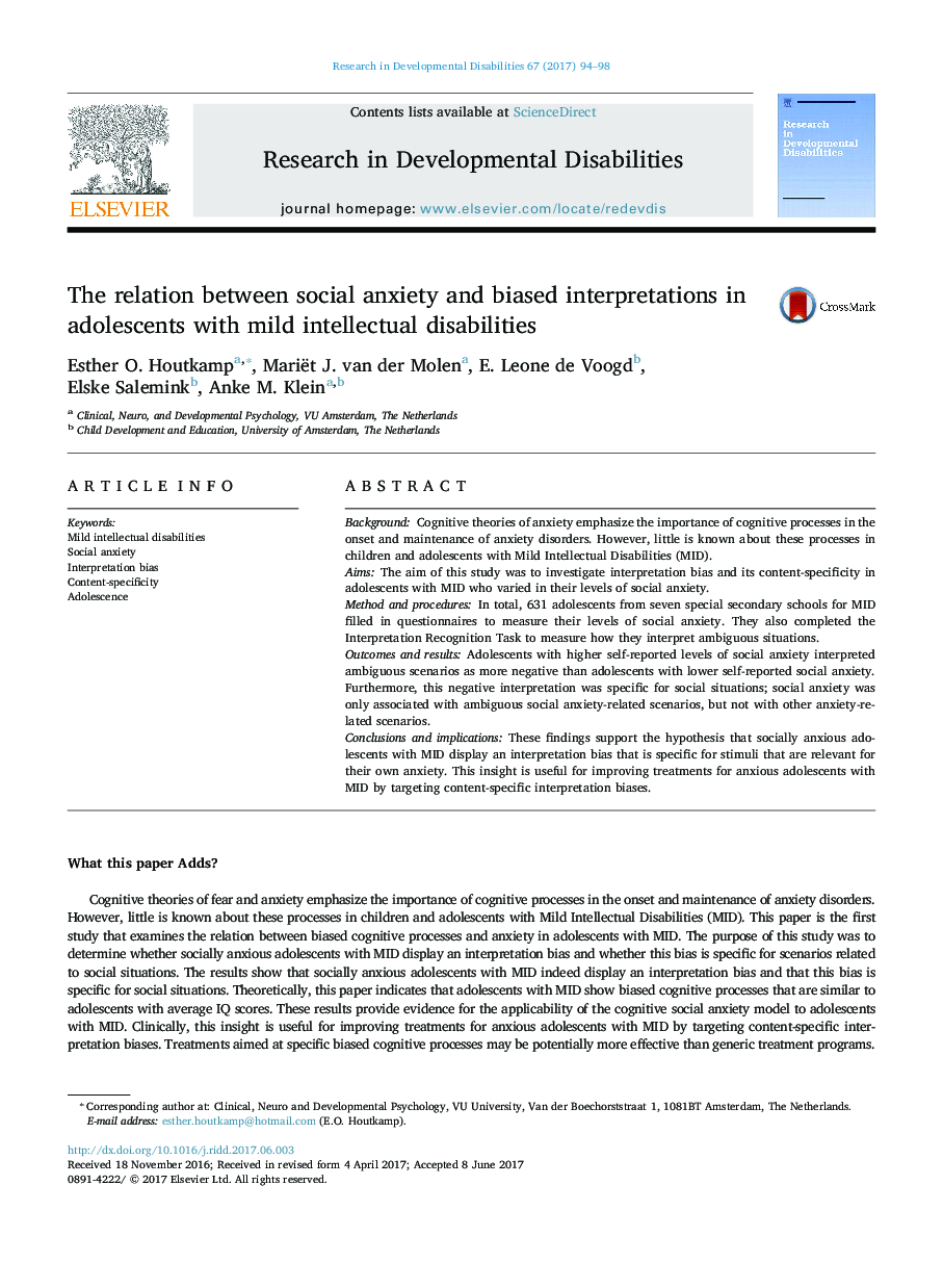 The relation between social anxiety and biased interpretations in adolescents with mild intellectual disabilities