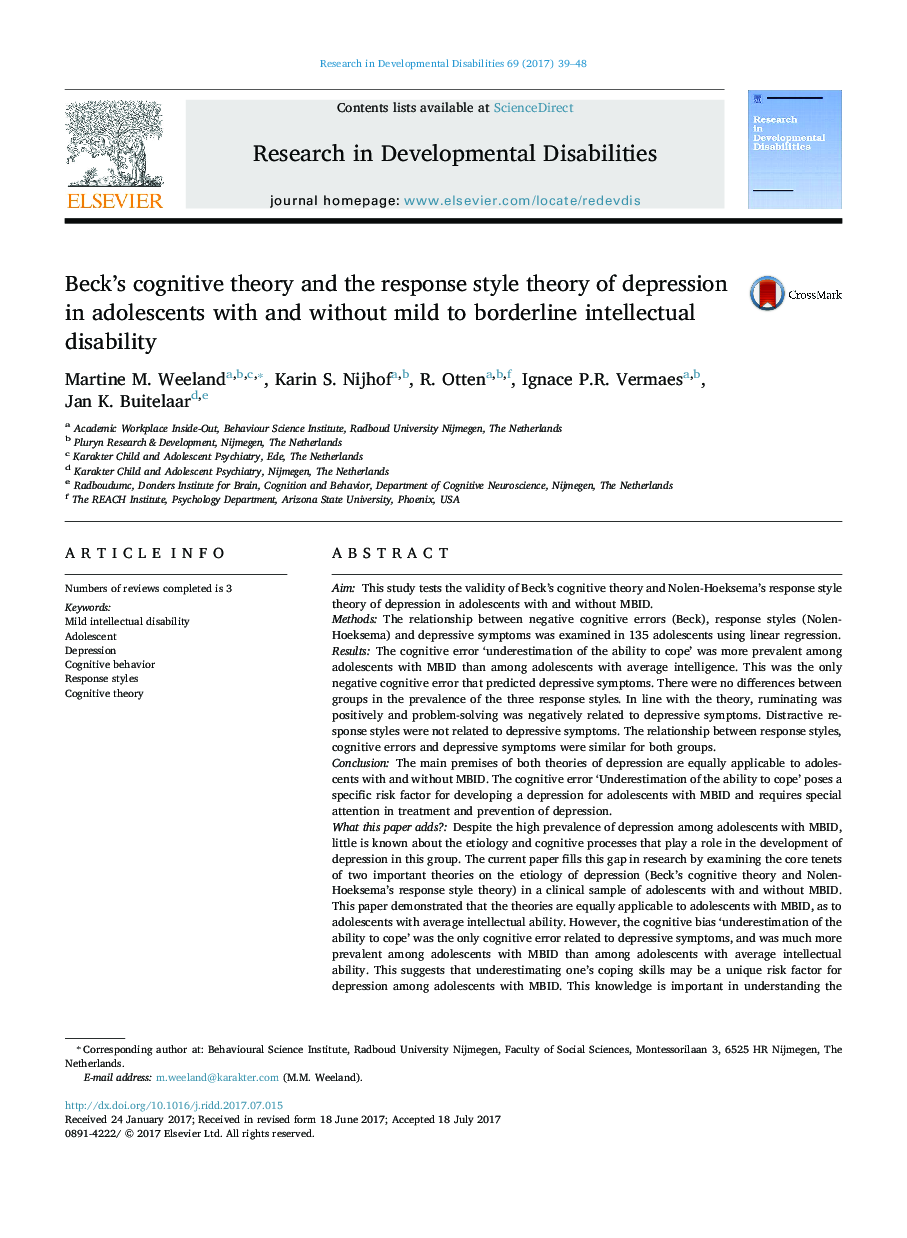 Beck's cognitive theory and the response style theory of depression in adolescents with and without mild to borderline intellectual disability