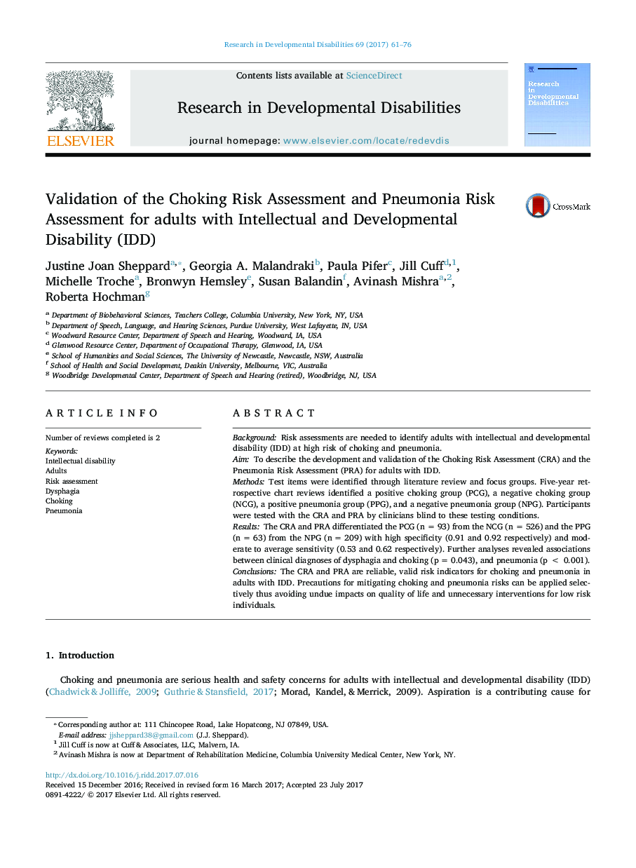 Validation of the Choking Risk Assessment and Pneumonia Risk Assessment for adults with Intellectual and Developmental Disability (IDD)