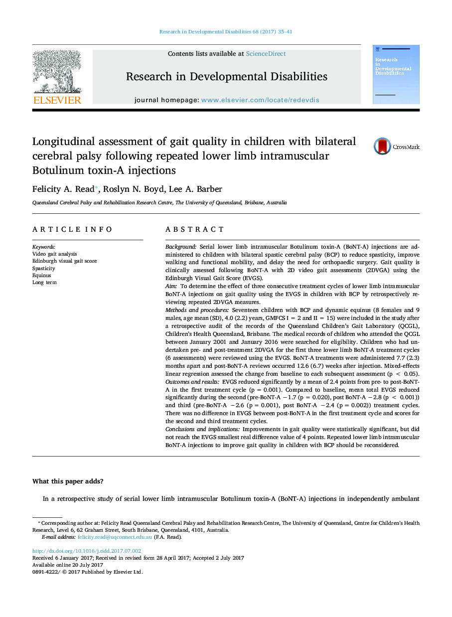 Longitudinal assessment of gait quality in children with bilateral cerebral palsy following repeated lower limb intramuscular Botulinum toxin-A injections