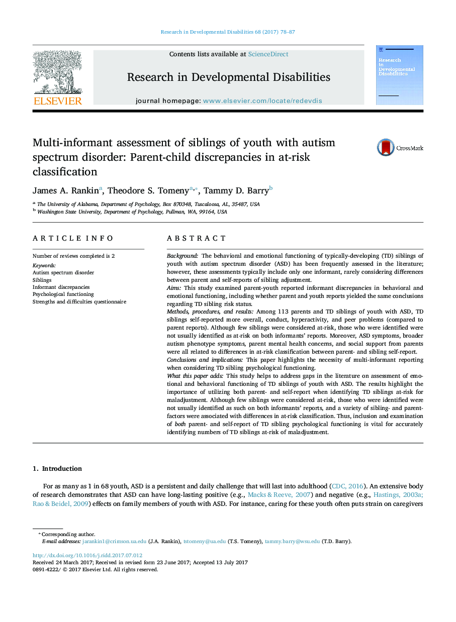 Multi-informant assessment of siblings of youth with autism spectrum disorder: Parent-child discrepancies in at-risk classification