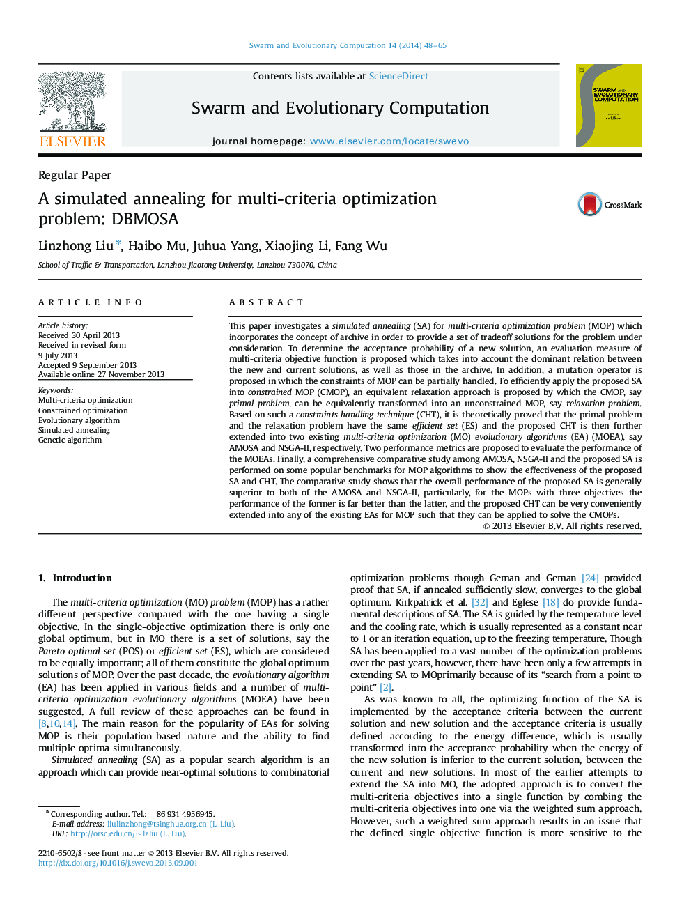 A simulated annealing for multi-criteria optimization problem: DBMOSA