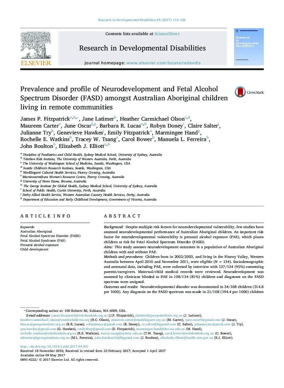 شیوع و ویژگی های رشد عصبی و اختلال طیف الکل در کودکان بارداری در کودکان بومی استرالیا که در جوامع دور افتاده زندگی می کنند 