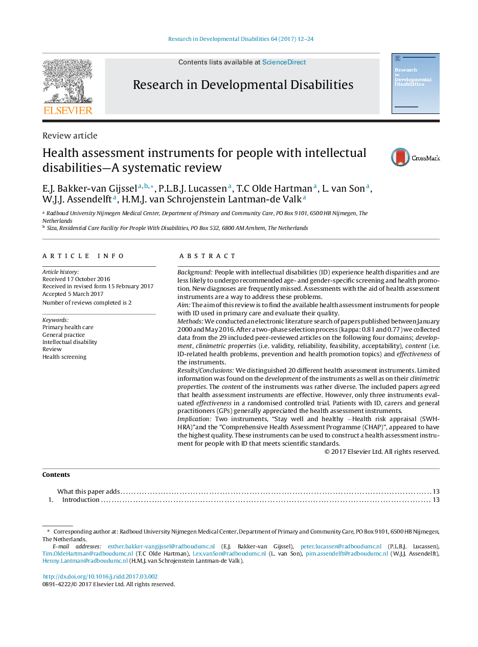 Health assessment instruments for people with intellectual disabilities-A systematic review