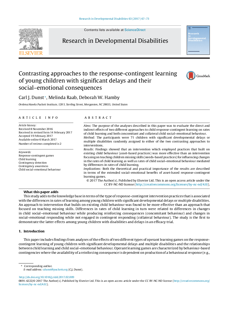 Contrasting approaches to the response-contingent learning of young children with significant delays and their social-emotional consequences