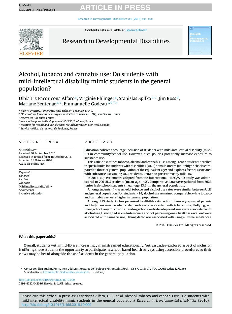 Alcohol, tobacco and cannabis use: Do students with mild-intellectual disability mimic students in the general population?