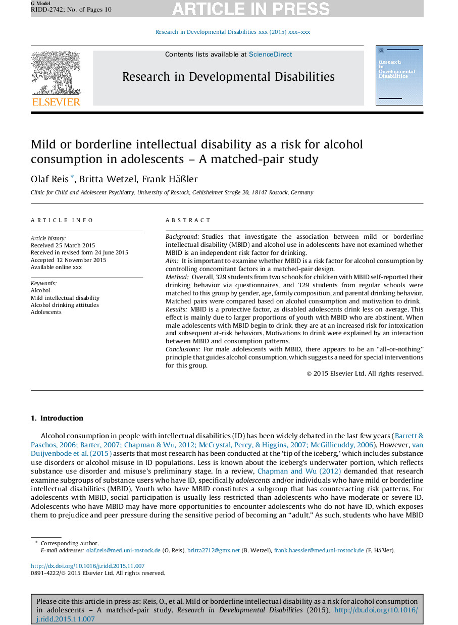 Mild or borderline intellectual disability as a risk for alcohol consumption in adolescents - A matched-pair study