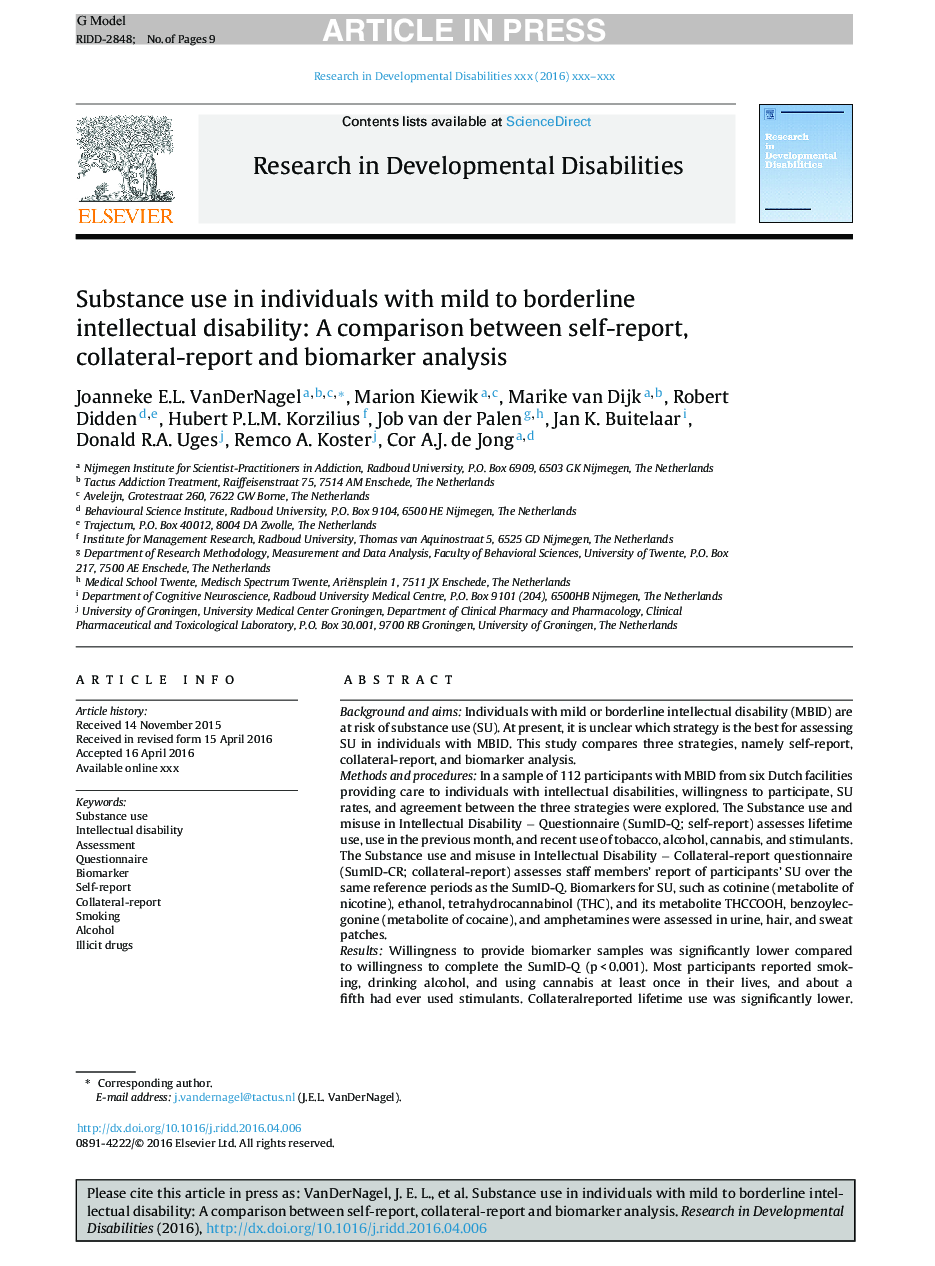 Substance use in individuals with mild to borderline intellectual disability: A comparison between self-report, collateral-report and biomarker analysis