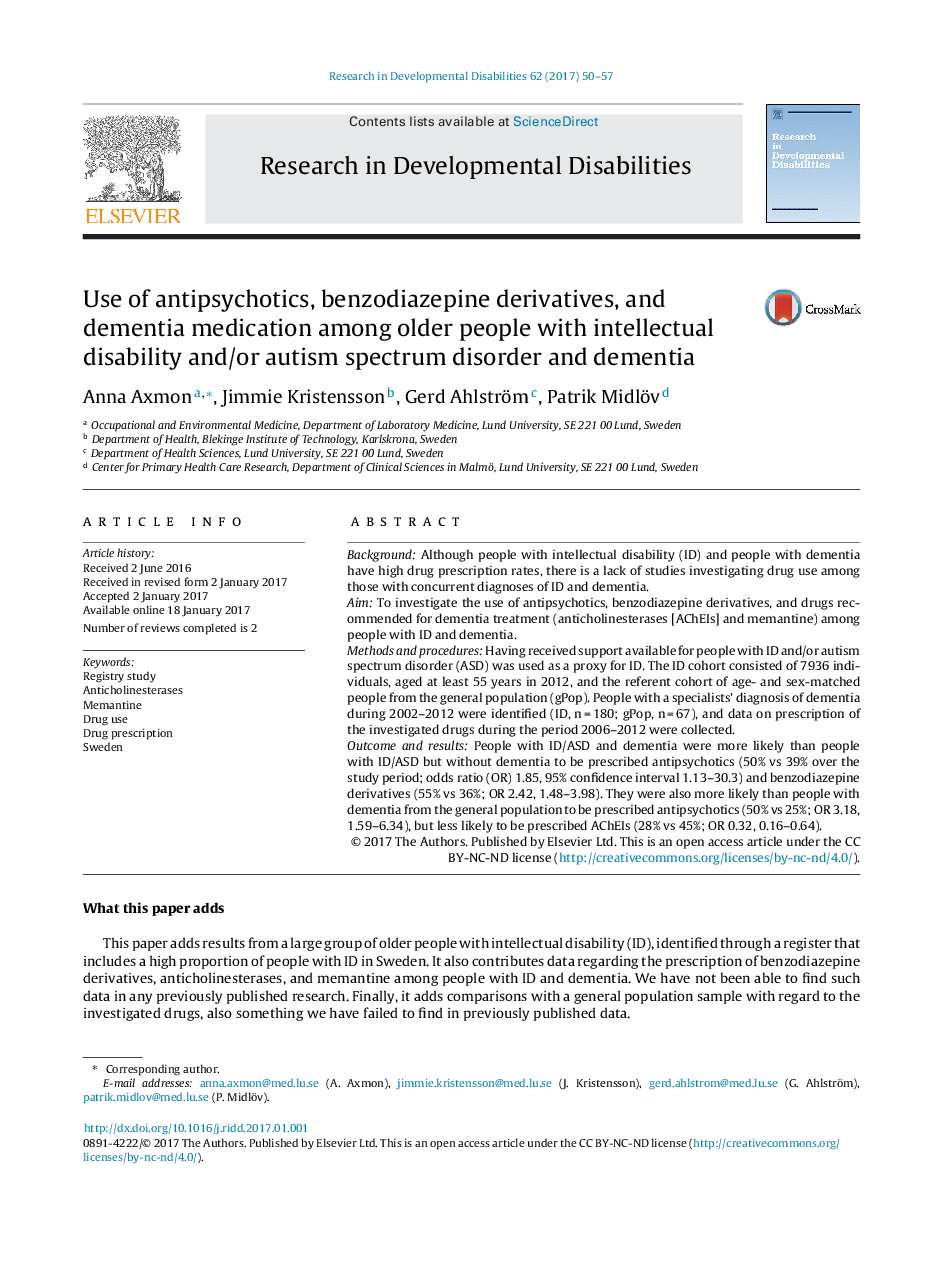 Use of antipsychotics, benzodiazepine derivatives, and dementia medication among older people with intellectual disability and/or autism spectrum disorder and dementia