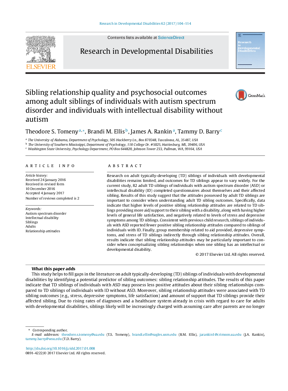 Sibling relationship quality and psychosocial outcomes among adult siblings of individuals with autism spectrum disorder and individuals with intellectual disability without autism