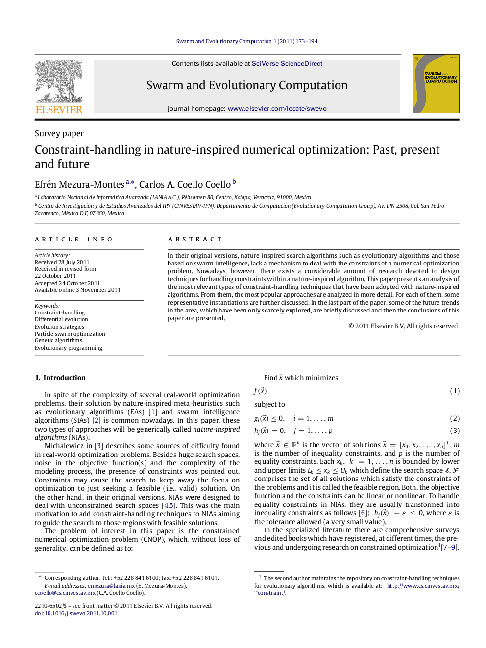 Constraint-handling in nature-inspired numerical optimization: Past, present and future