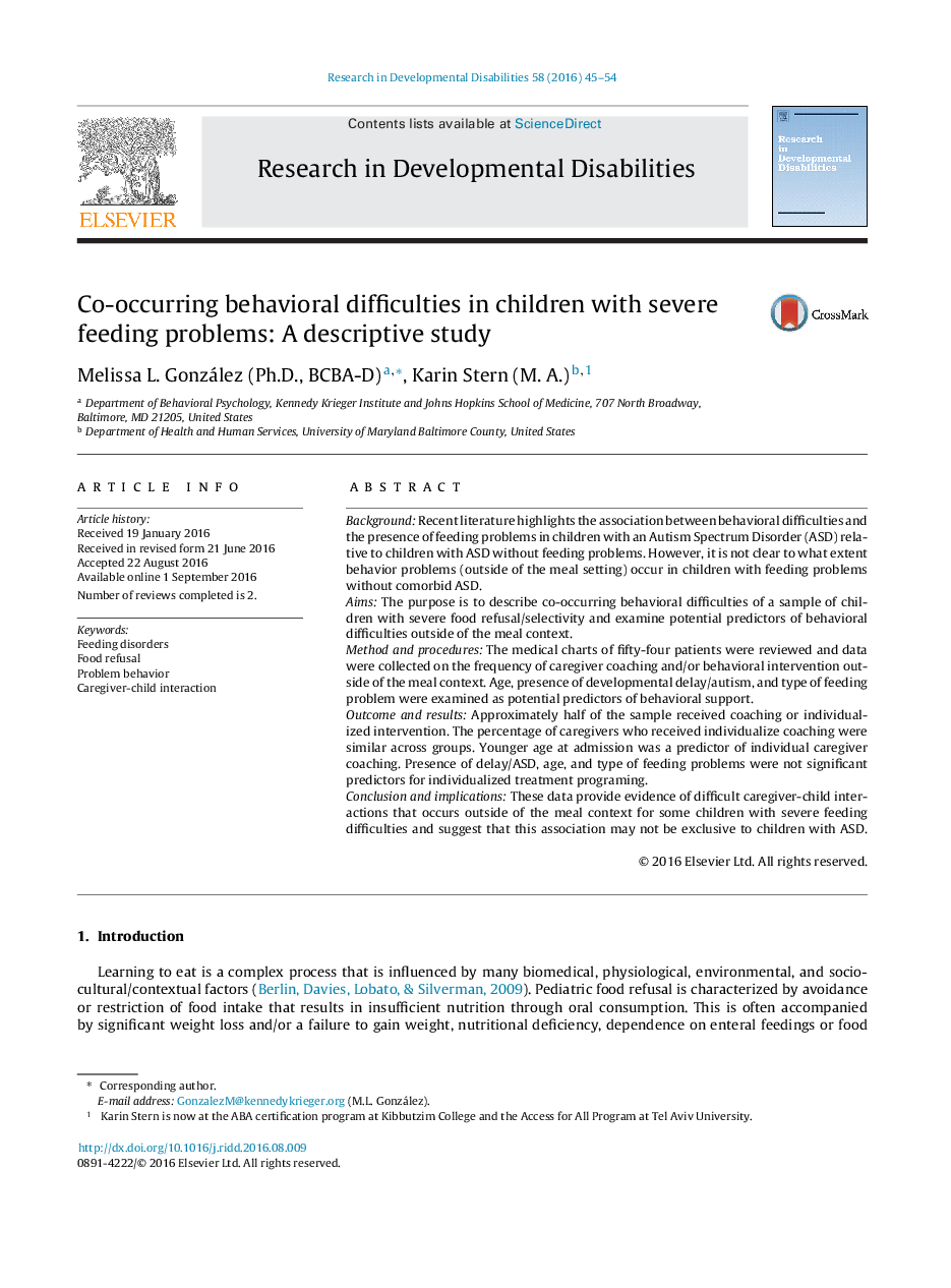 Co-occurring behavioral difficulties in children with severe feeding problems: A descriptive study