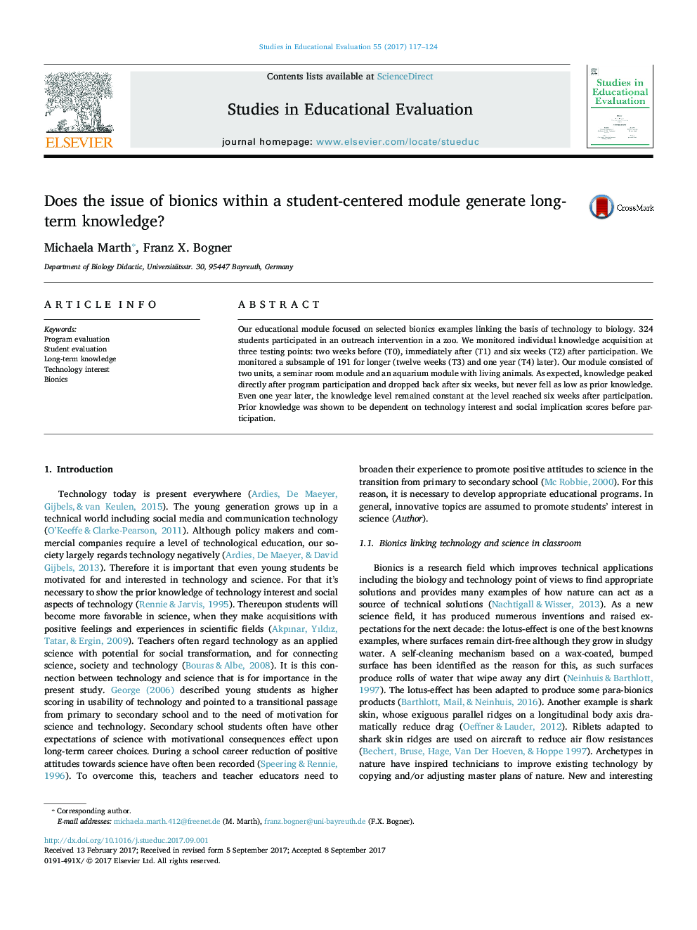 Does the issue of bionics within a student-centered module generate long-term knowledge?