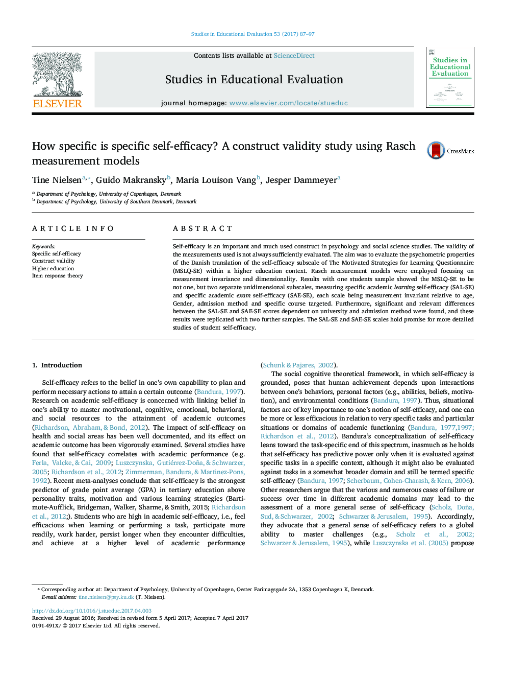 How specific is specific self-efficacy? A construct validity study using Rasch measurement models