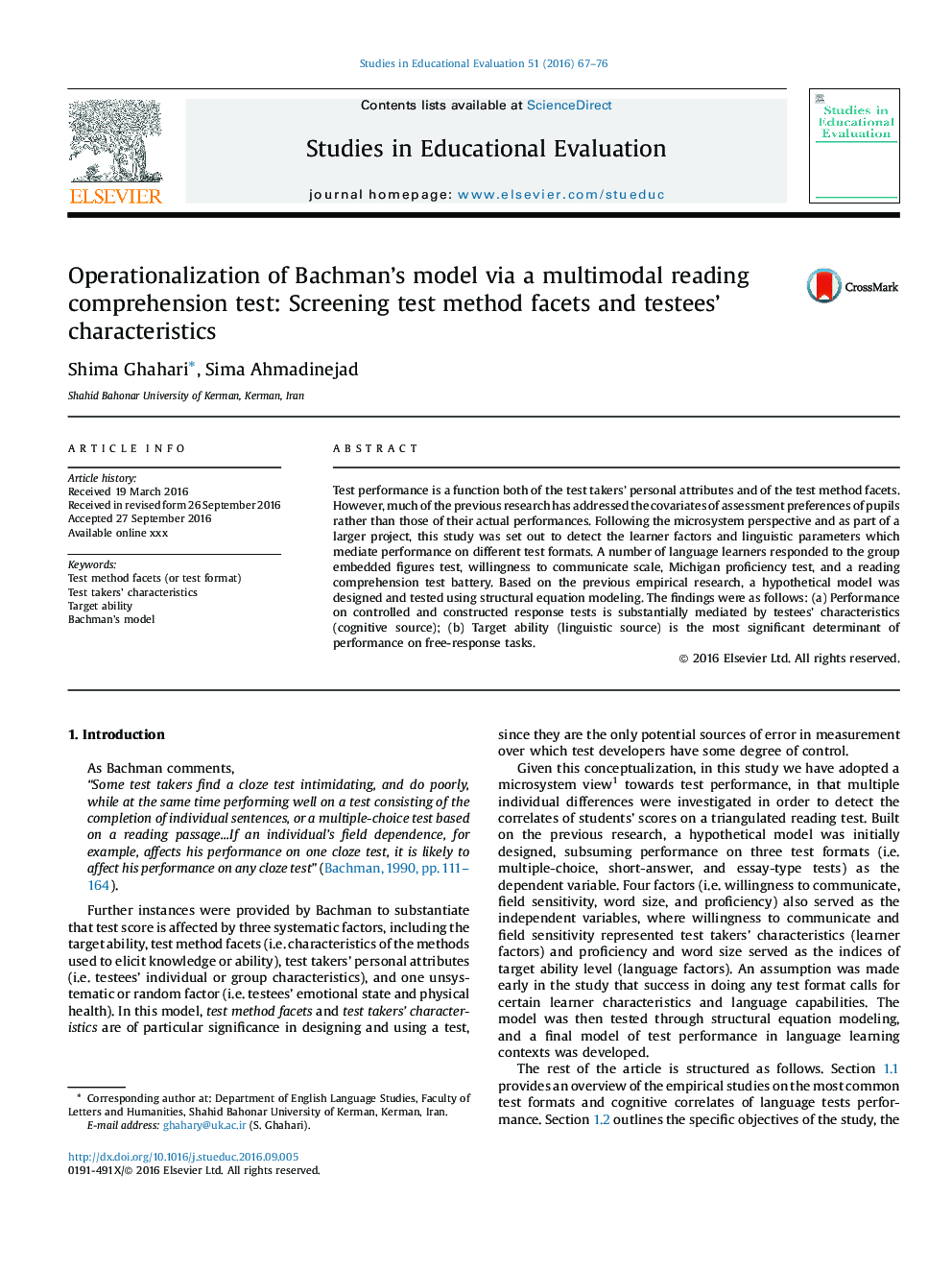 Operationalization of Bachman's model via a multimodal reading comprehension test: Screening test method facets and testees' characteristics