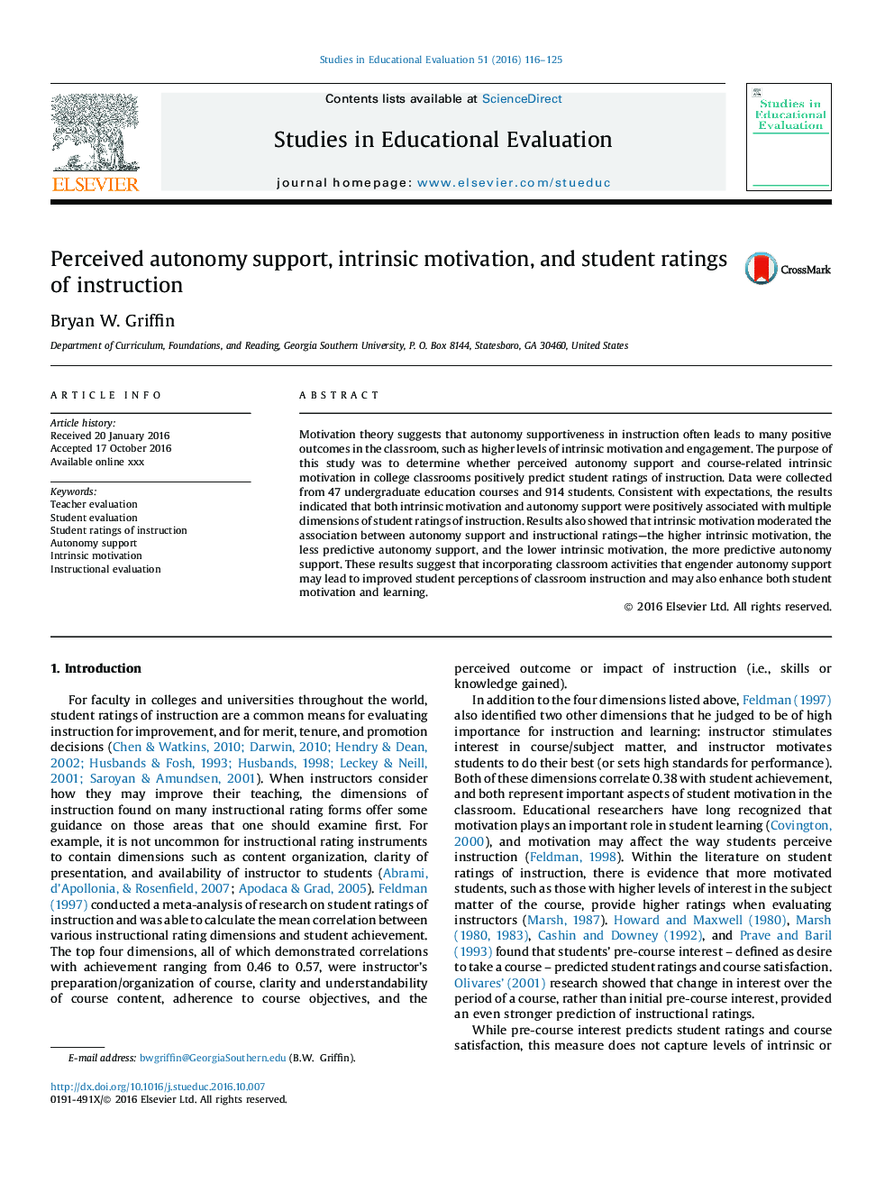 Perceived autonomy support, intrinsic motivation, and student ratings of instruction