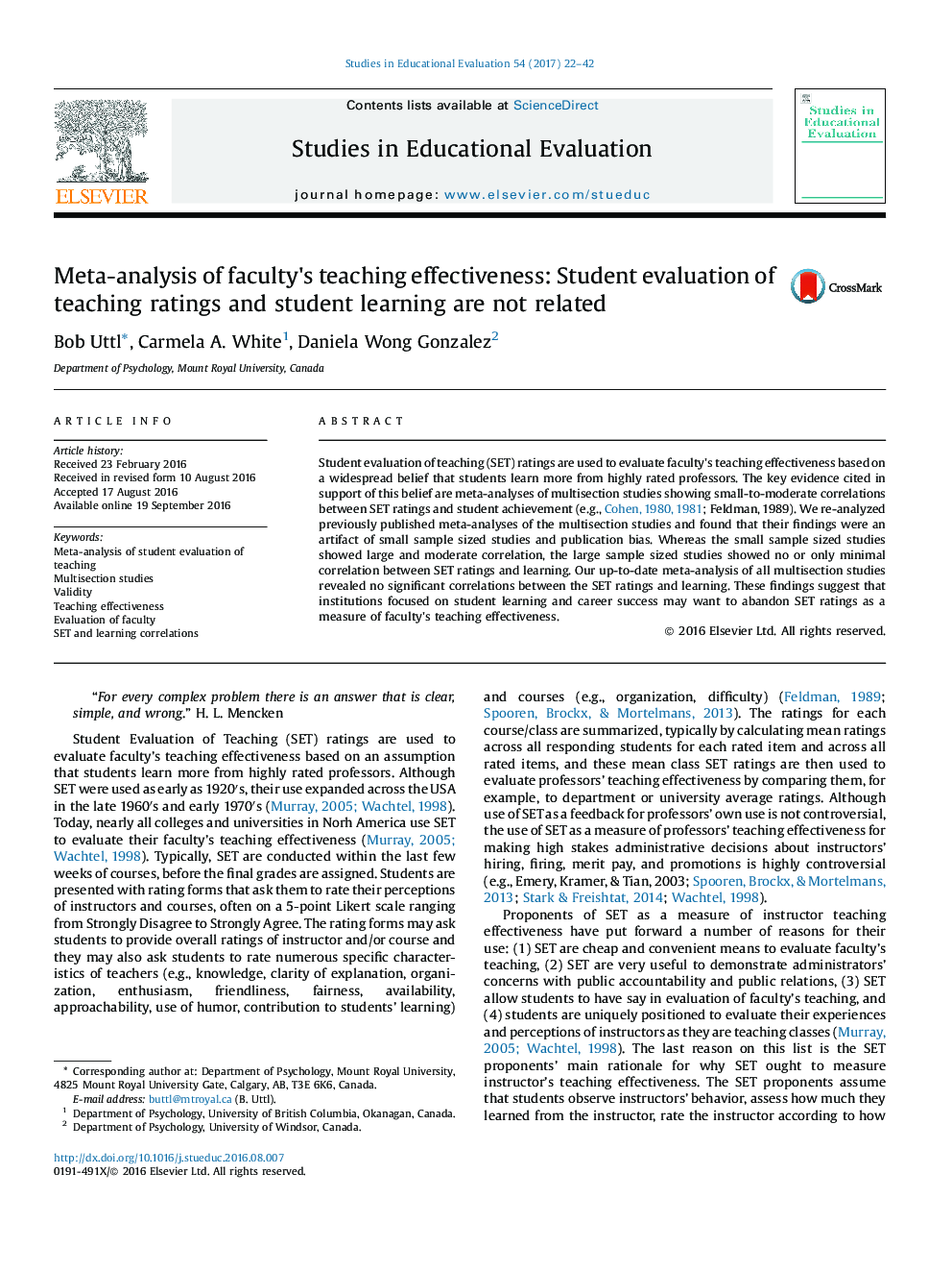 Meta-analysis of faculty's teaching effectiveness: Student evaluation of teaching ratings and student learning are not related