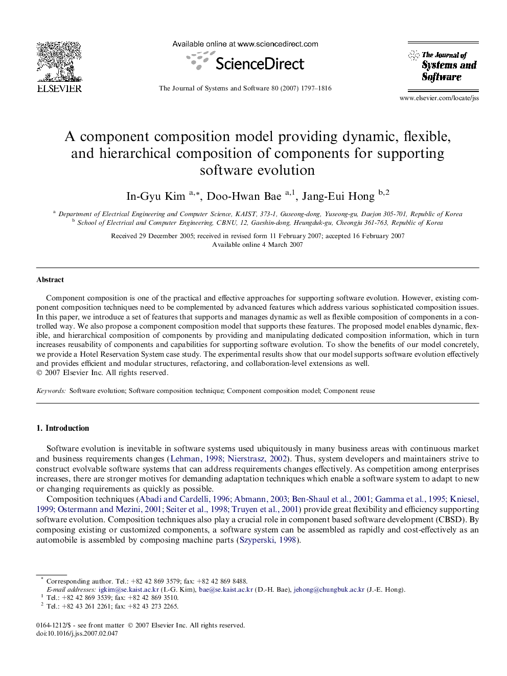 A component composition model providing dynamic, flexible, and hierarchical composition of components for supporting software evolution