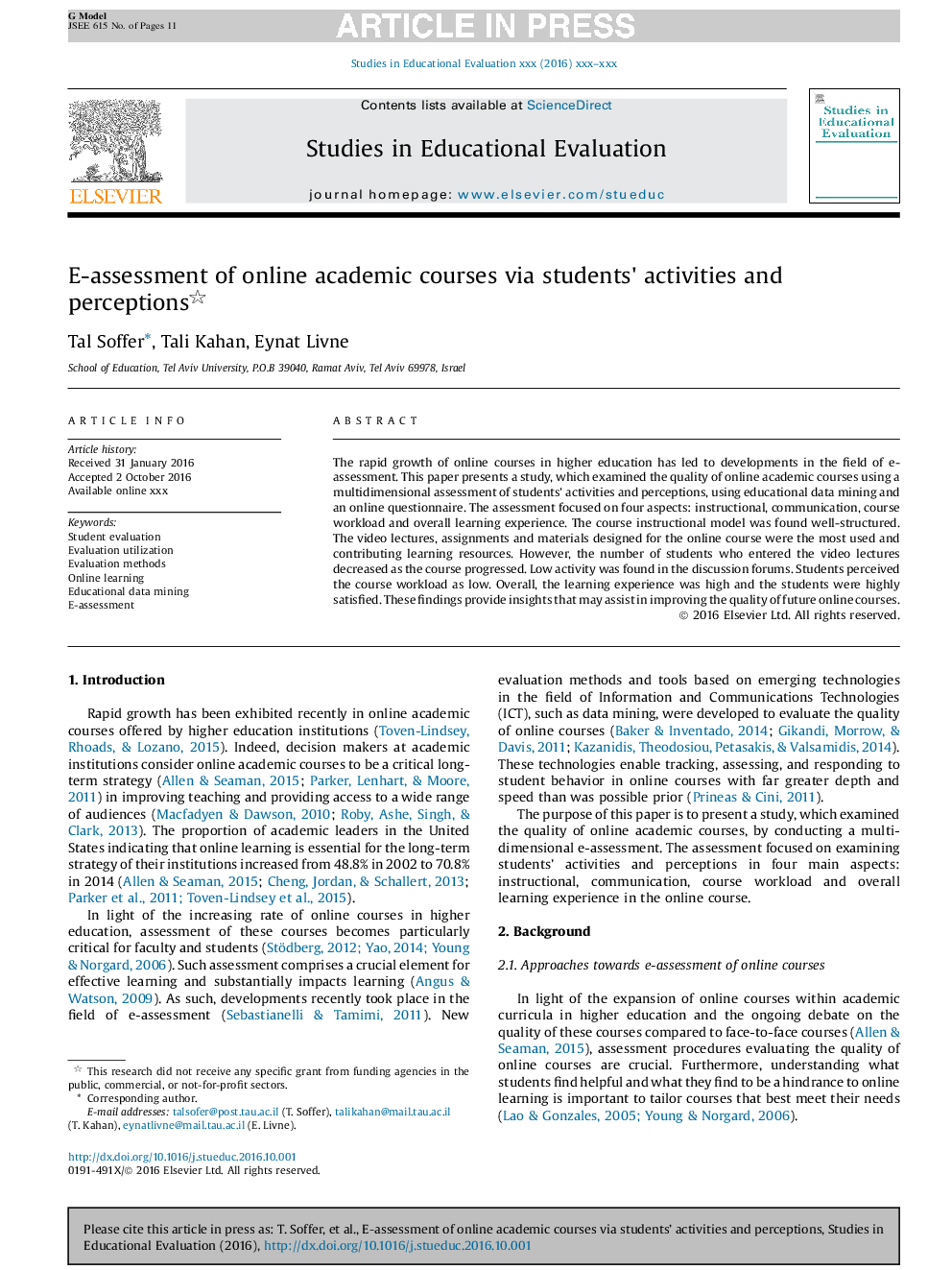 E-assessment of online academic courses via students' activities and perceptions