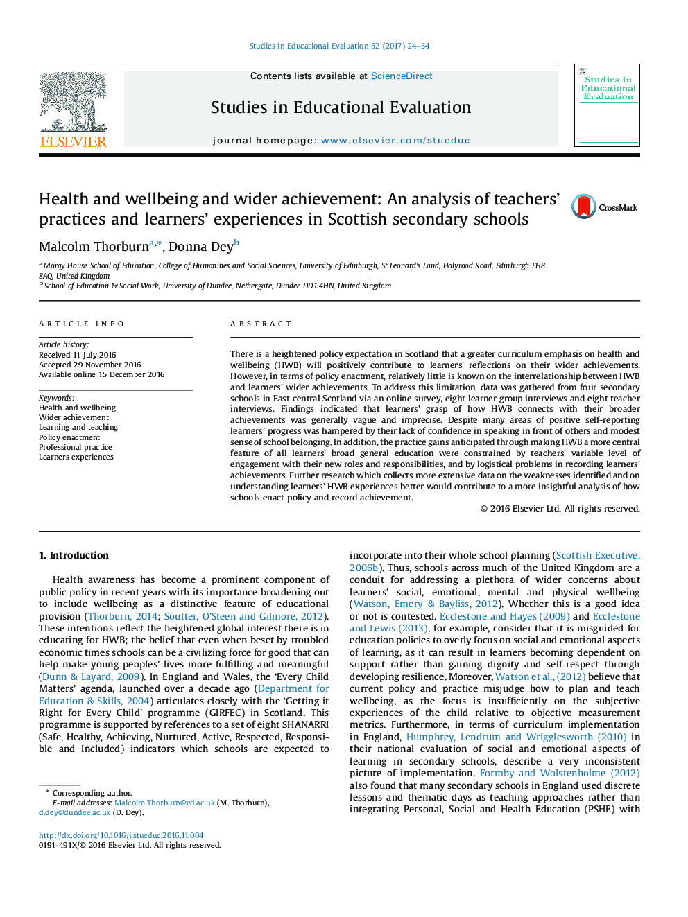 Health and wellbeing and wider achievement: An analysis of teachers' practices and learners' experiences in Scottish secondary schools