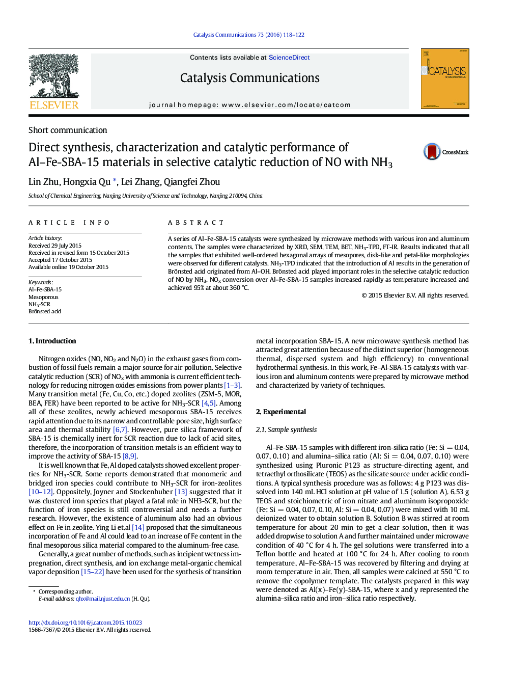 سنتز مستقیم، خصوصیات و عملکرد کاتالیزوری مواد Al-Fe-SBA-15 در کاهش کاتالیزوری انتخابی NO با NH3