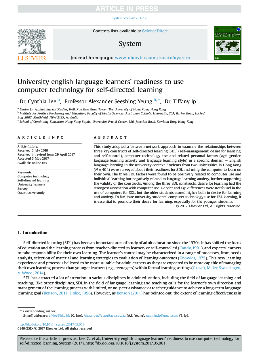 University english language learners' readiness to use computer technology for self-directed learning