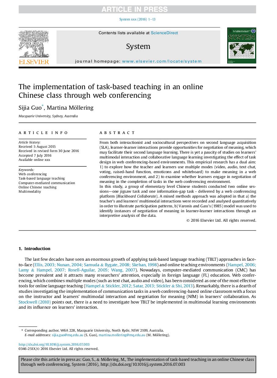 The implementation of task-based teaching in an online Chinese class through web conferencing