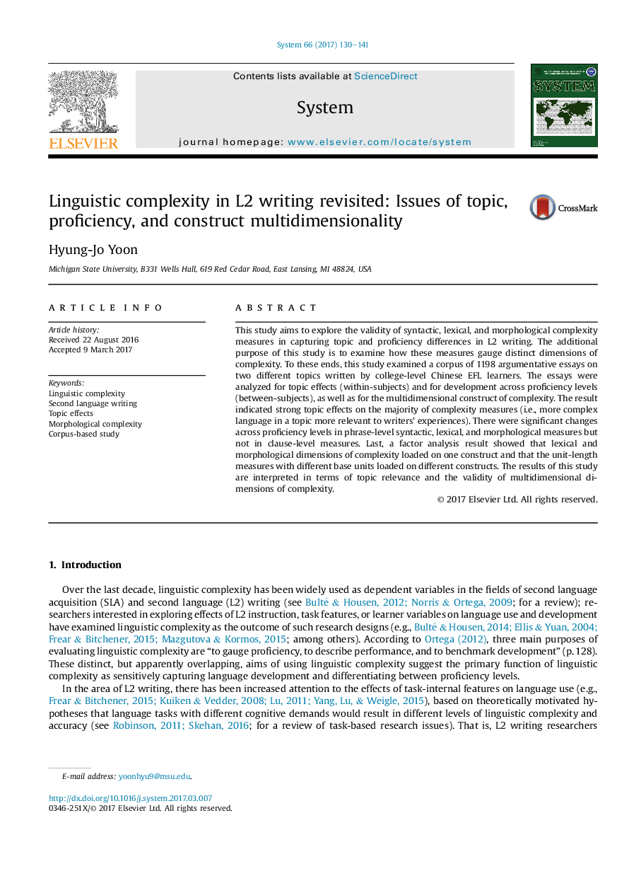 Linguistic complexity in L2 writing revisited: Issues of topic, proficiency, and construct multidimensionality