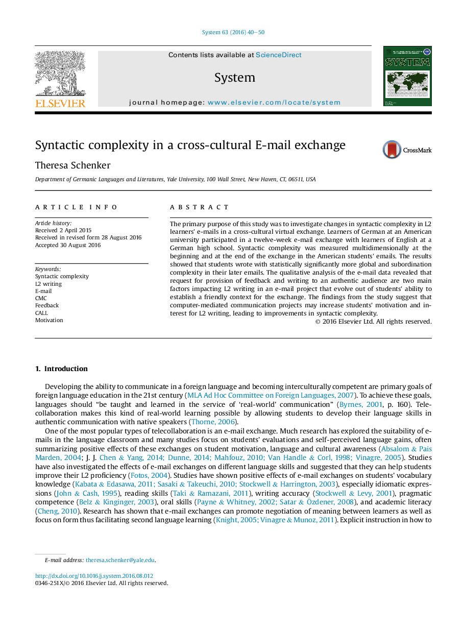 Syntactic complexity in a cross-cultural E-mail exchange