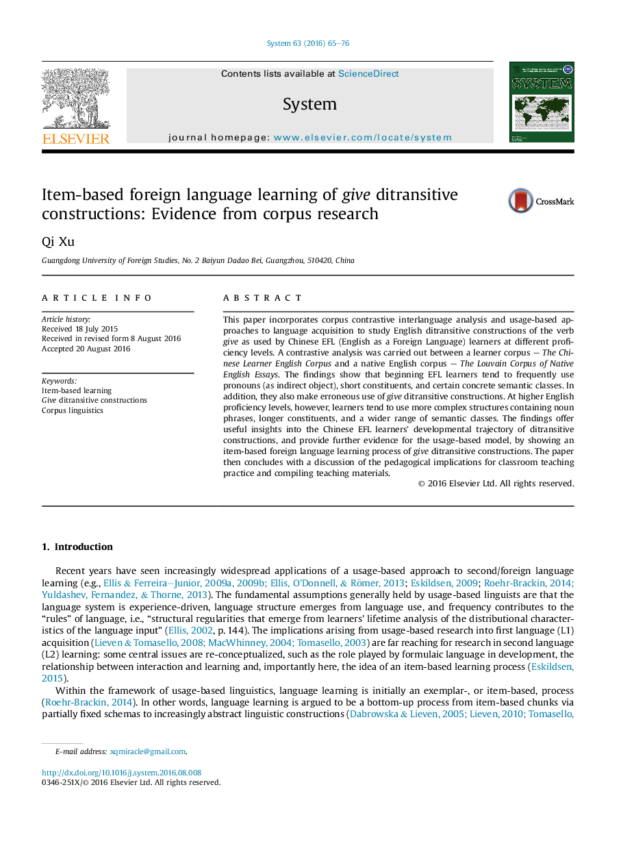 Item-based foreign language learning of give ditransitive constructions: Evidence from corpus research