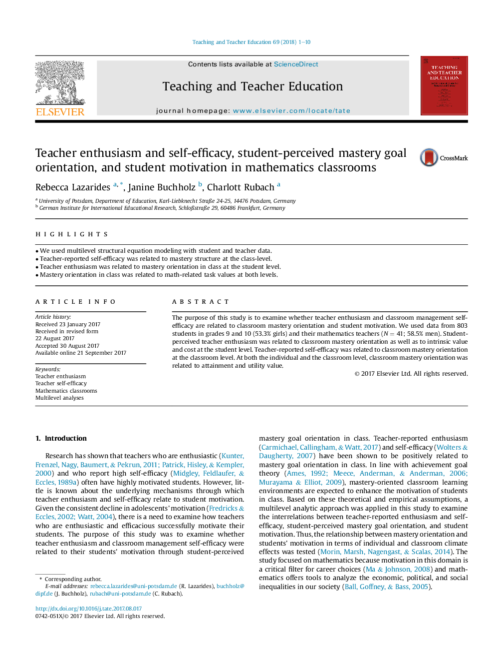 Teacher enthusiasm and self-efficacy, student-perceived mastery goal orientation, and student motivation in mathematics classrooms