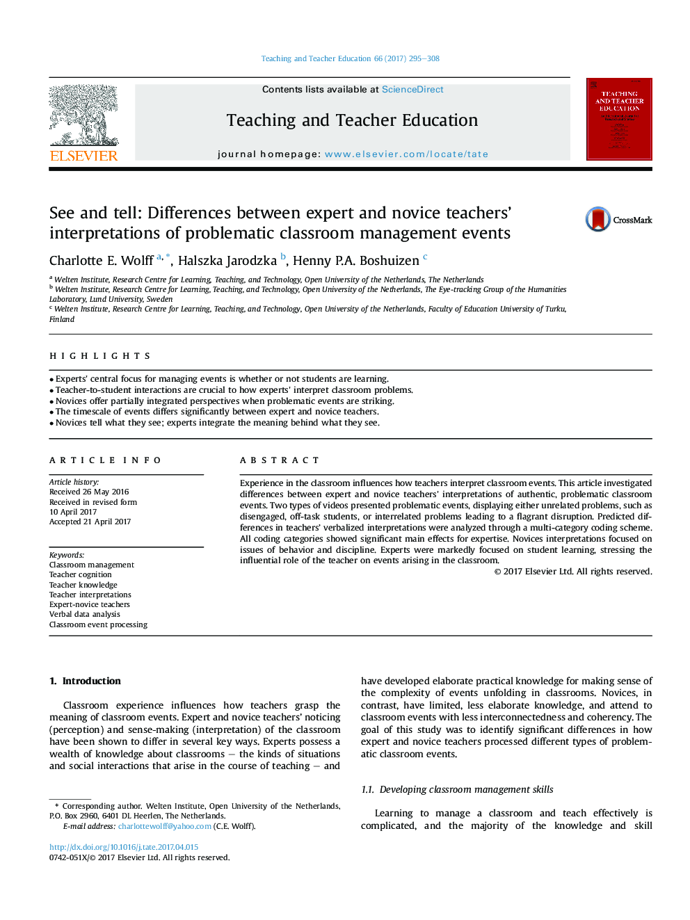 See and tell: Differences between expert and novice teachers' interpretations of problematic classroom management events