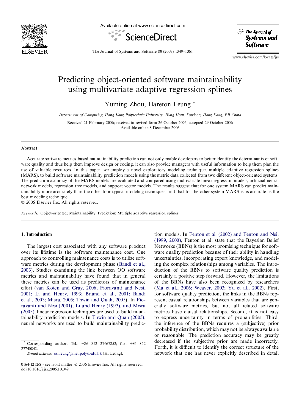 Predicting object-oriented software maintainability using multivariate adaptive regression splines