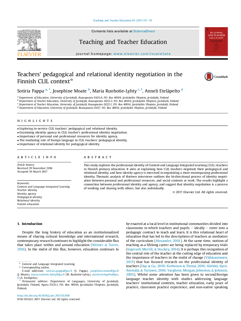عکس صفحه اول مقاله: Teachers' pedagogical and relational identity negotiation in the Finnish CLIL context Teachers' pedagogical and relational identity negotiation in the Finnish CLIL context
