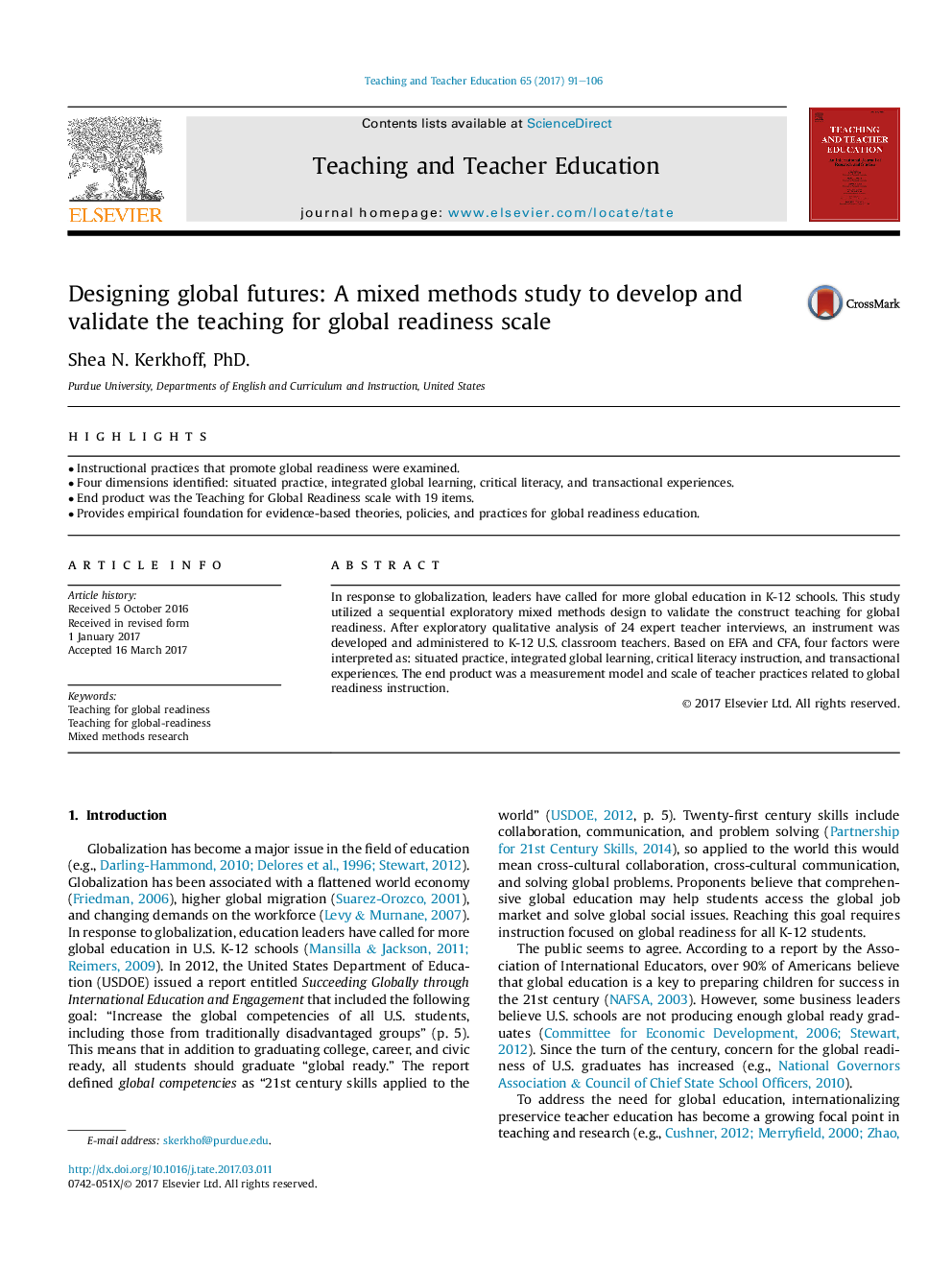 Designing global futures: A mixed methods study to develop and validate the teaching for global readiness scale