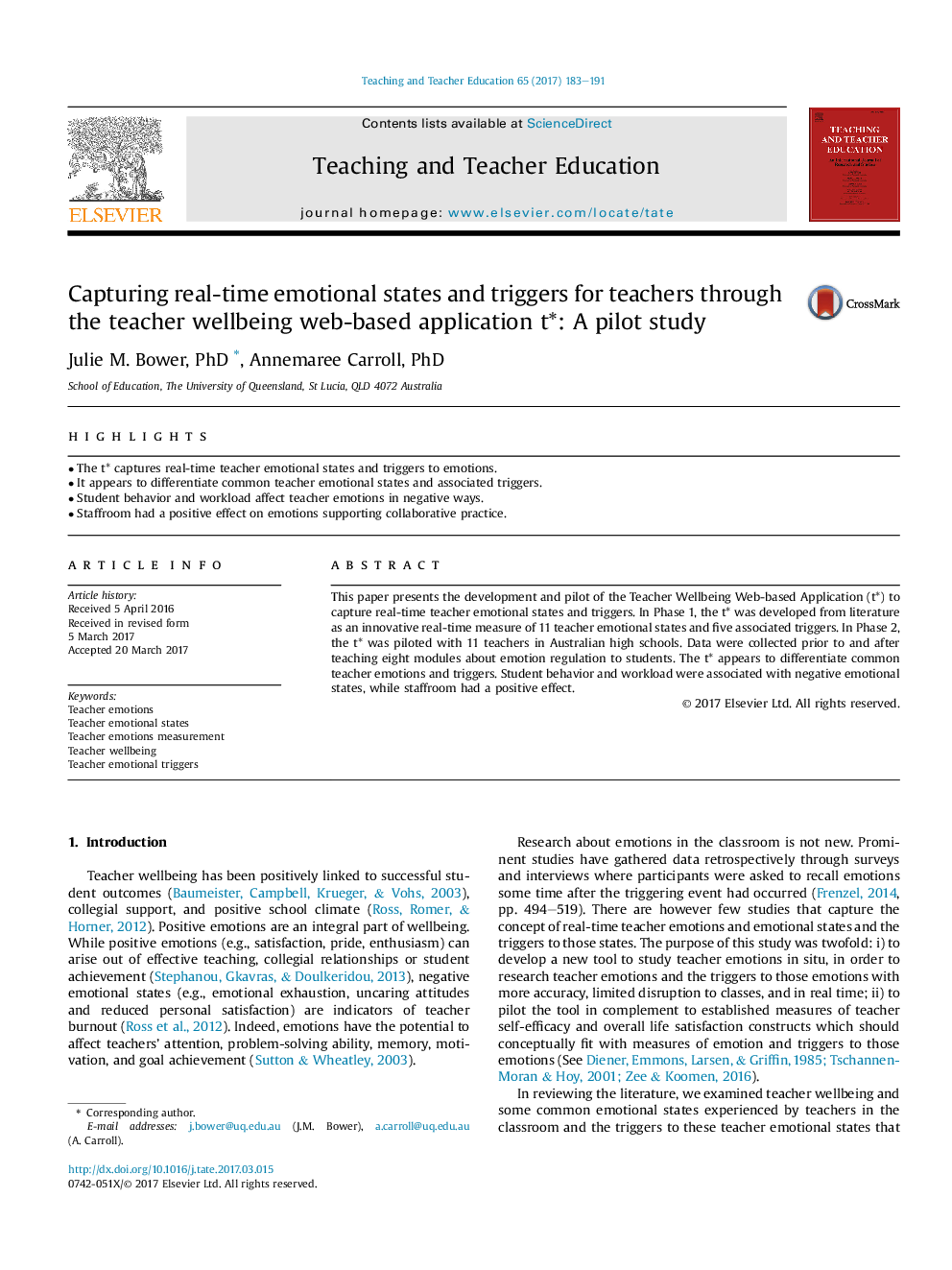 عکس صفحه اول مقاله: Capturing real-time emotional states and triggers for teachers through the teacher wellbeing web-based application t*: A pilot study Capturing real-time emotional states and triggers for teachers through the teacher wellbeing web-based application t*: A pilot study