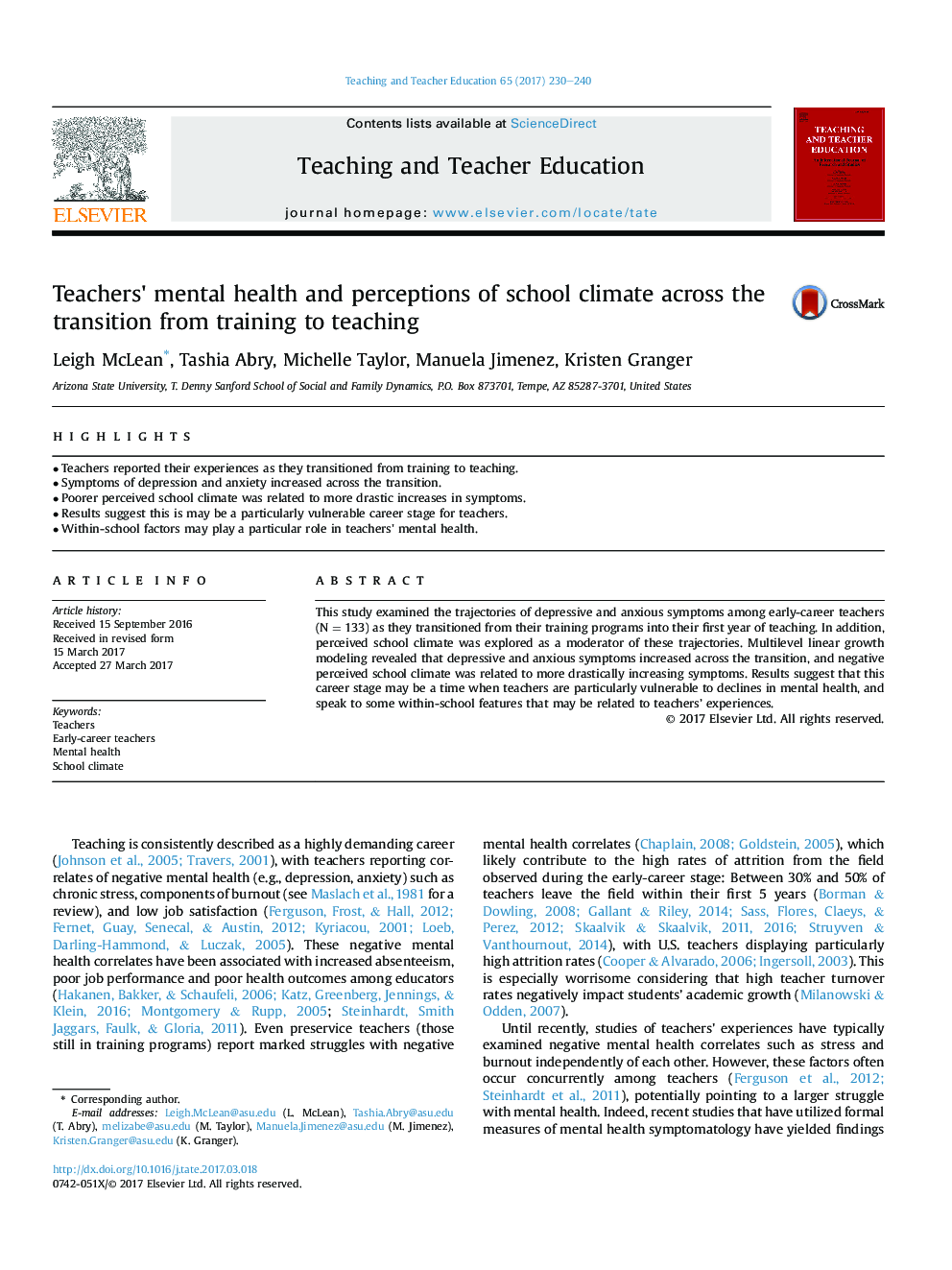 Teachers' mental health and perceptions of school climate across the transition from training to teaching