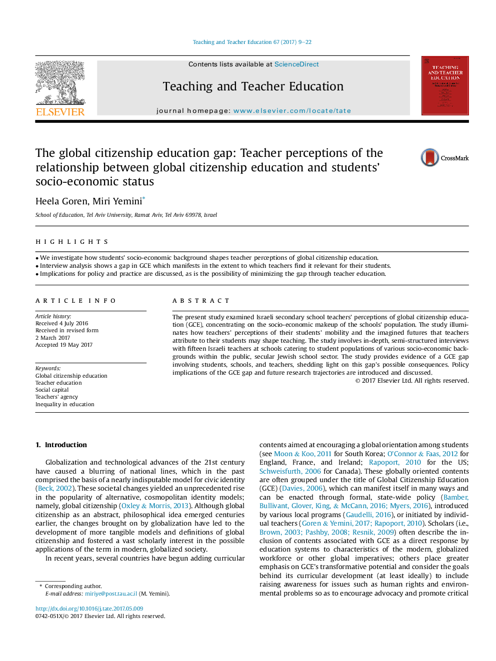 The global citizenship education gap: Teacher perceptions of the relationship between global citizenship education and students' socio-economic status