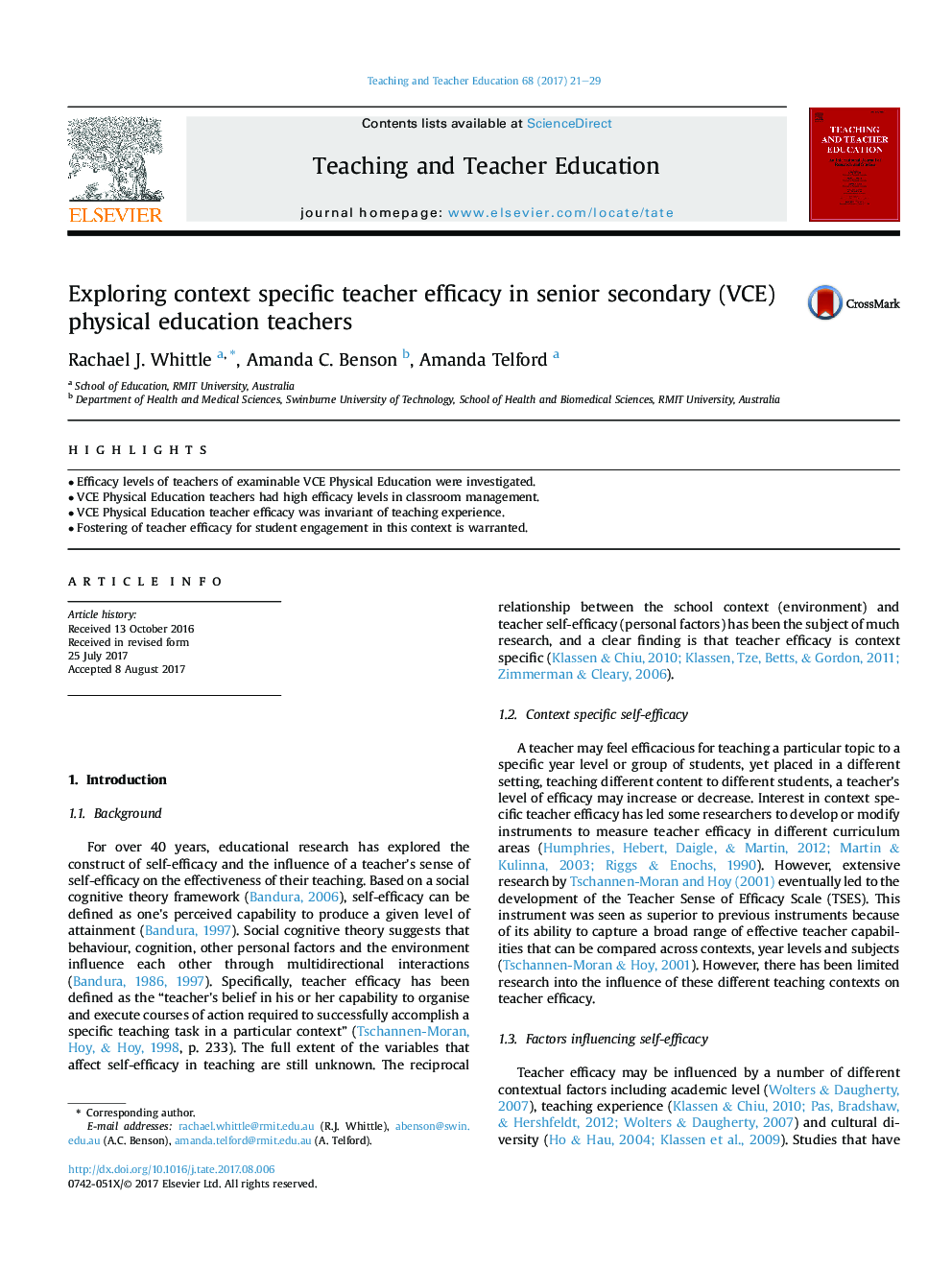 Exploring context specific teacher efficacy in senior secondary (VCE) physical education teachers