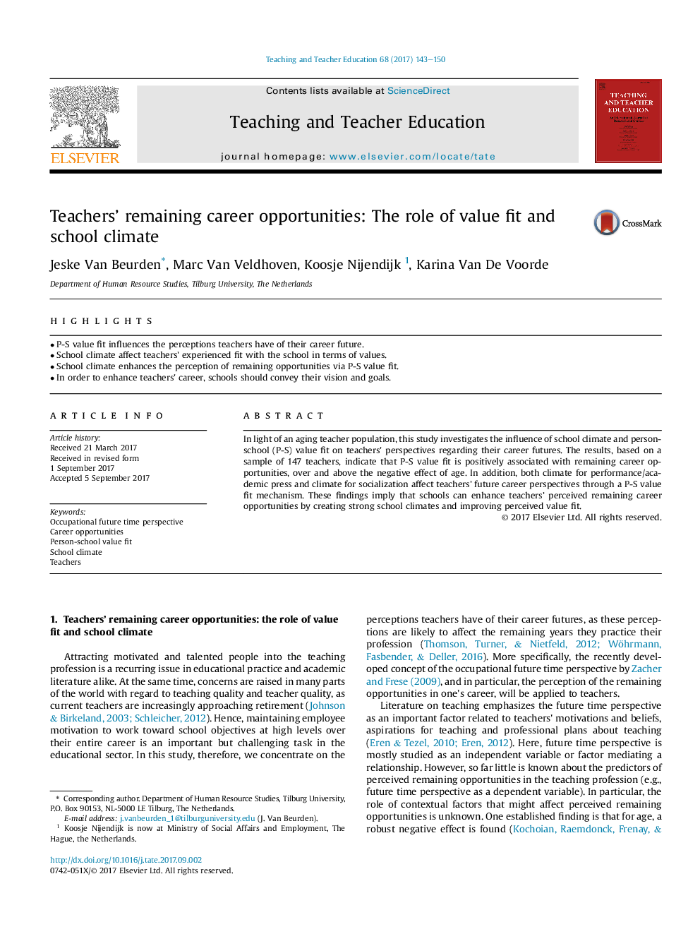 Teachers' remaining career opportunities: The role of value fit and school climate