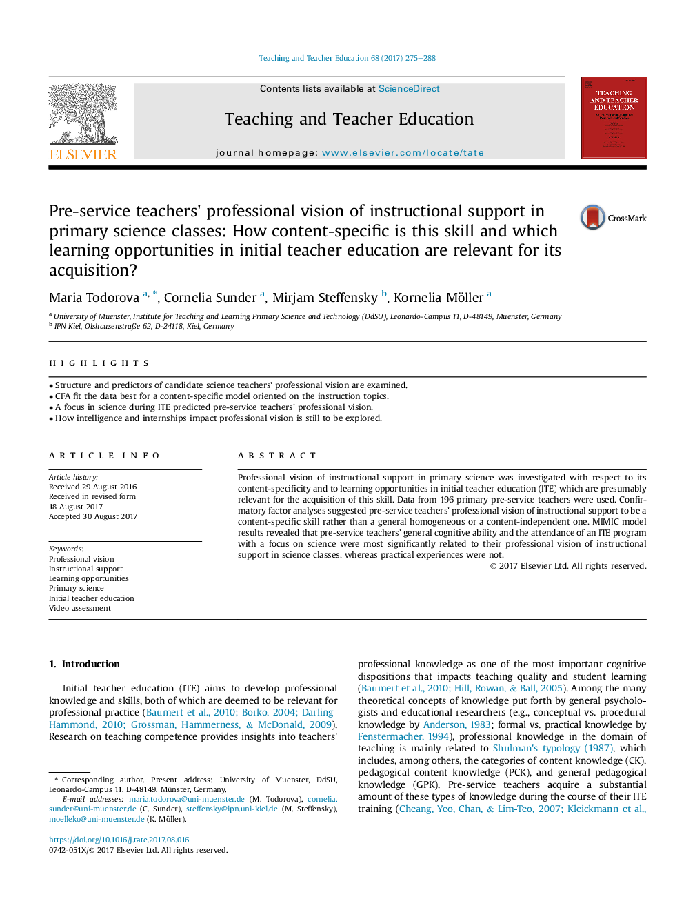 Pre-service teachers' professional vision of instructional support in primary science classes: How content-specific is this skill and which learning opportunities in initial teacher education are relevant for its acquisition?