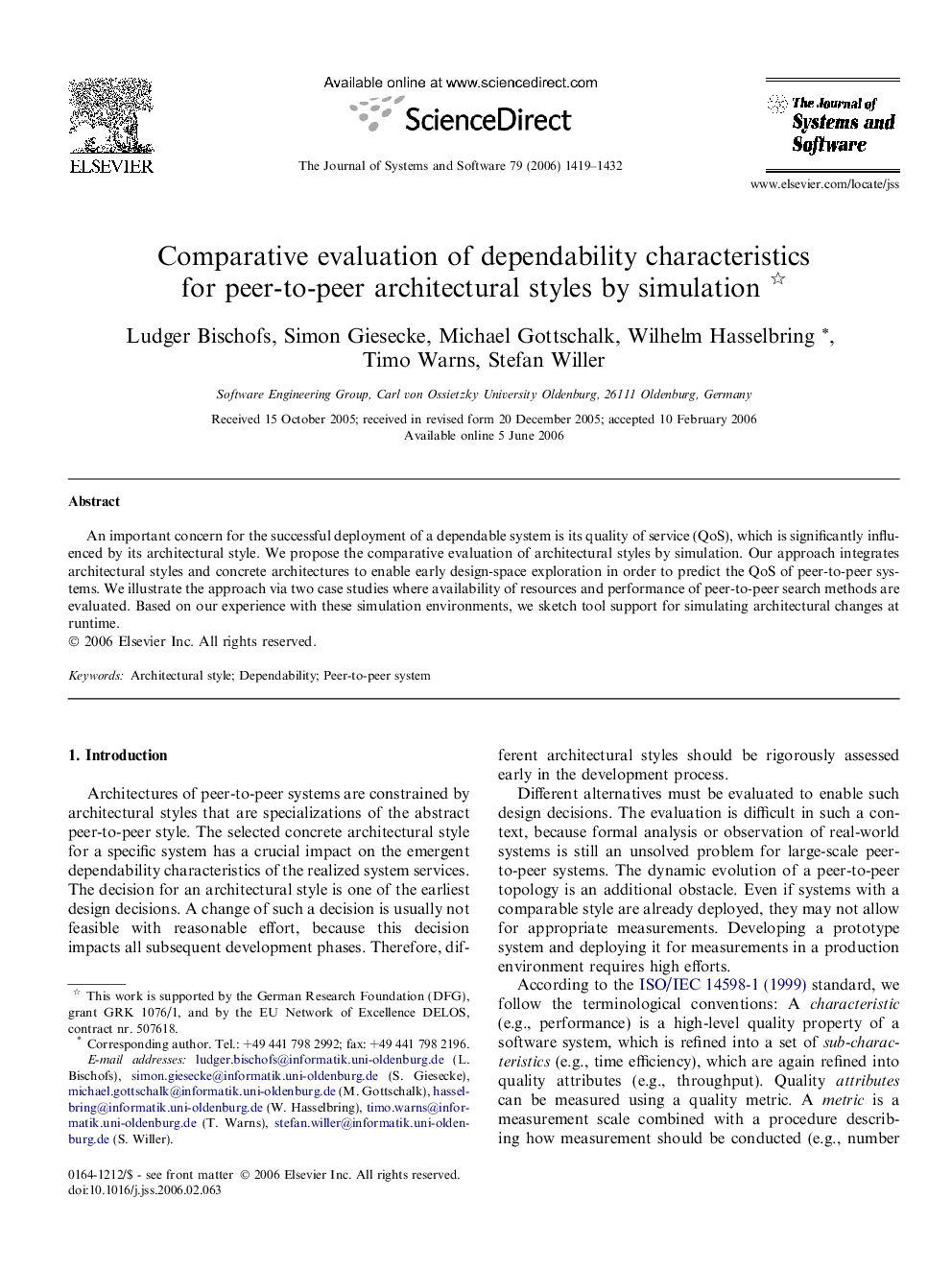 Comparative evaluation of dependability characteristics for peer-to-peer architectural styles by simulation 