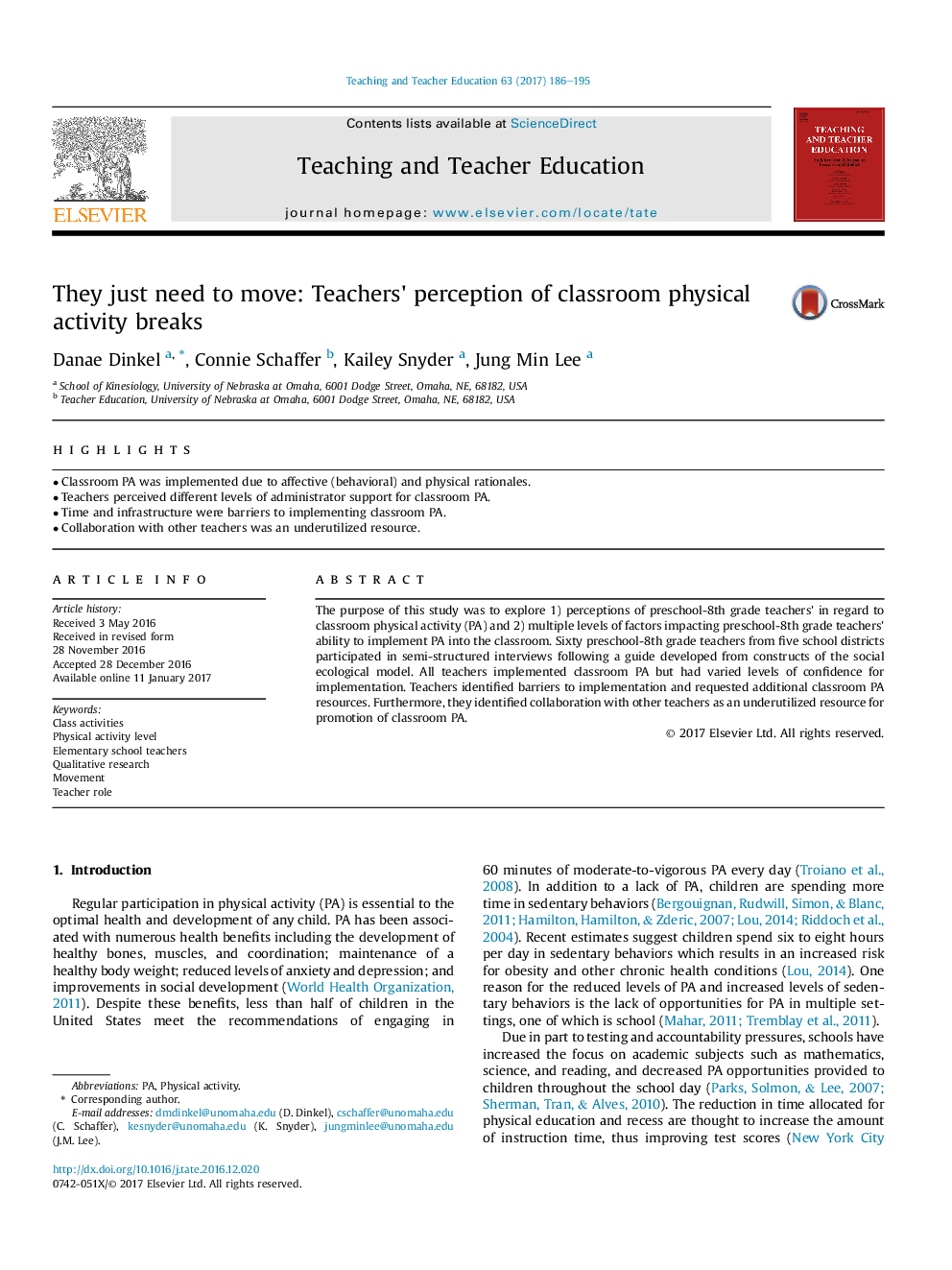 They just need to move: Teachers' perception of classroom physical activity breaks